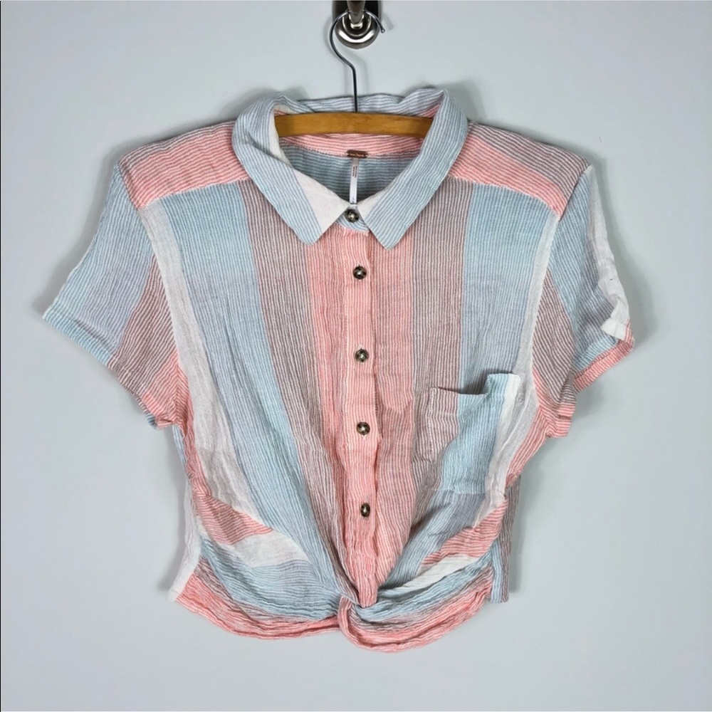 Free People Striped Pastel Button-Front Crop Shirt